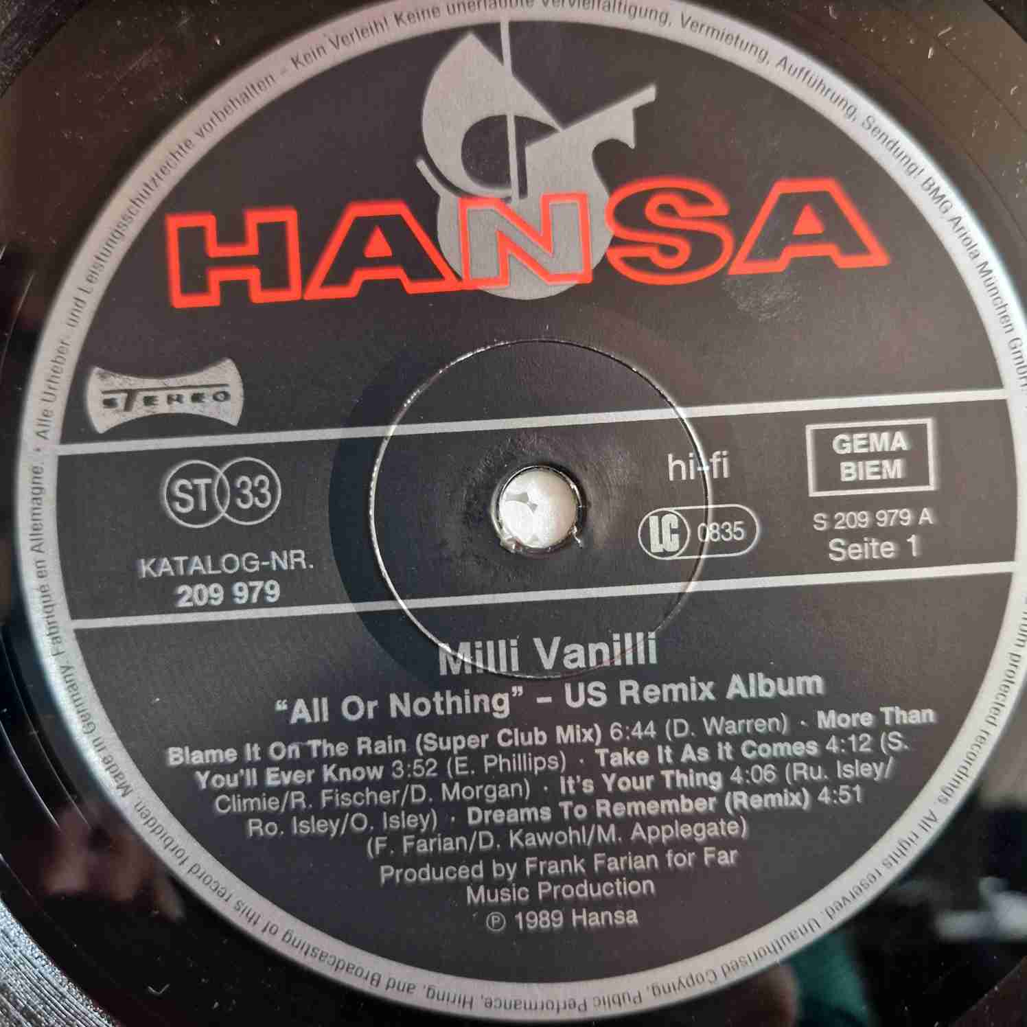 Milli Vanilli – All Or Nothing - The U.S.-Remix Album Disc vinil LP - imagine 3